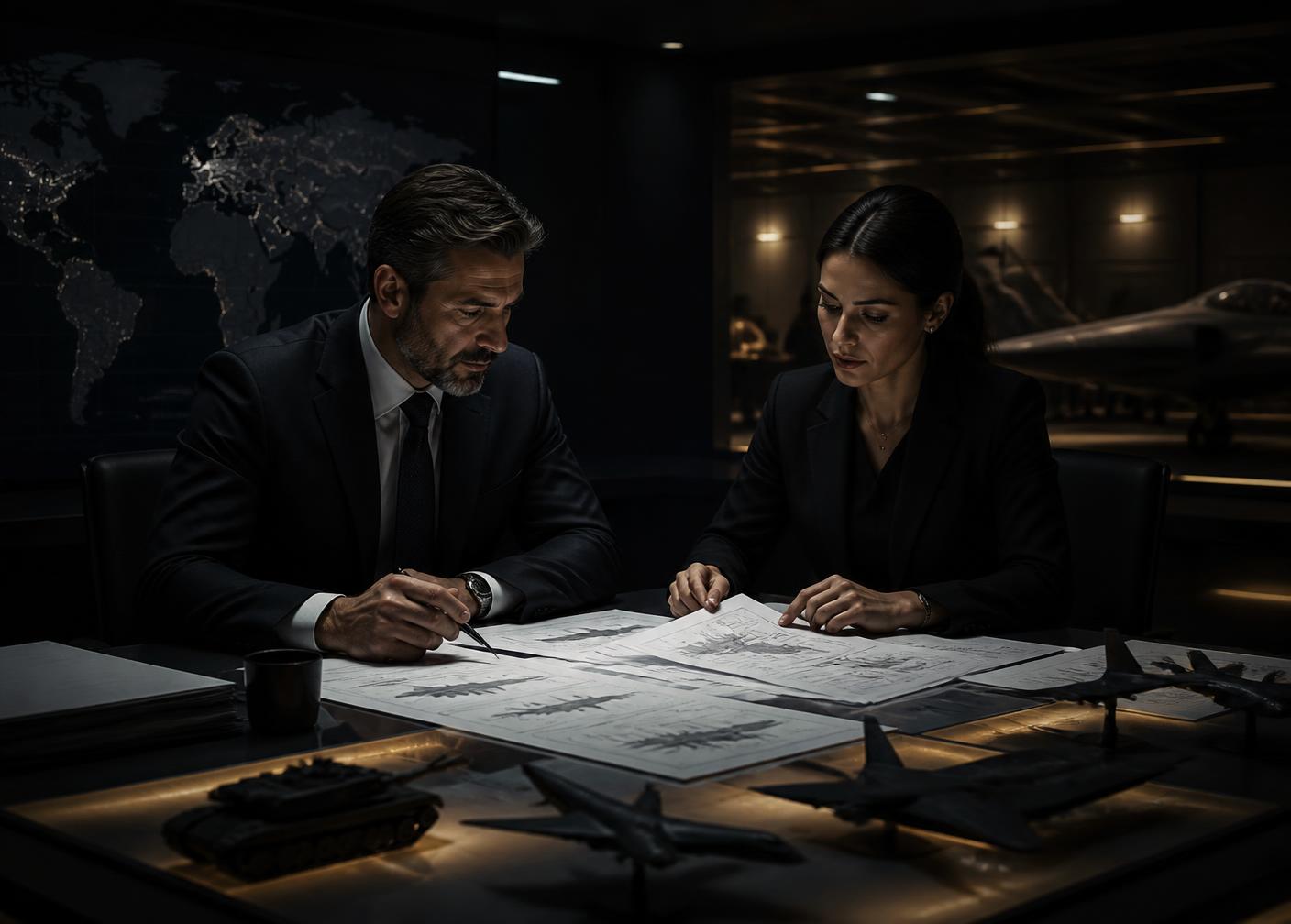 Corporate procurement review of technical supply specification documents in a dark office
