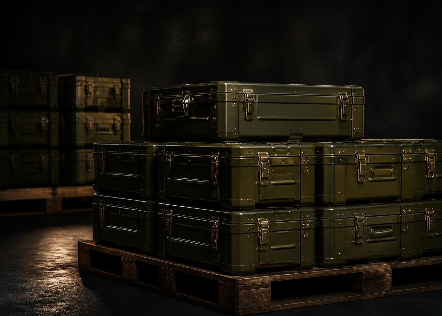 Sealed institutional ammunition crates stacked on pallets in a secure supply depot