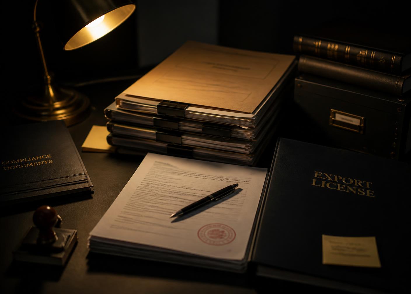 Export licence and end-user certificate documentation with official stamps on a dark desk