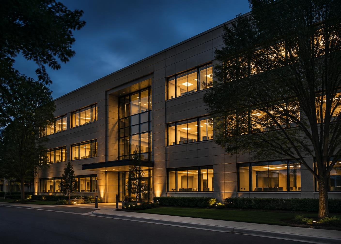 Modern corporate office building exterior at dusk with lit windows