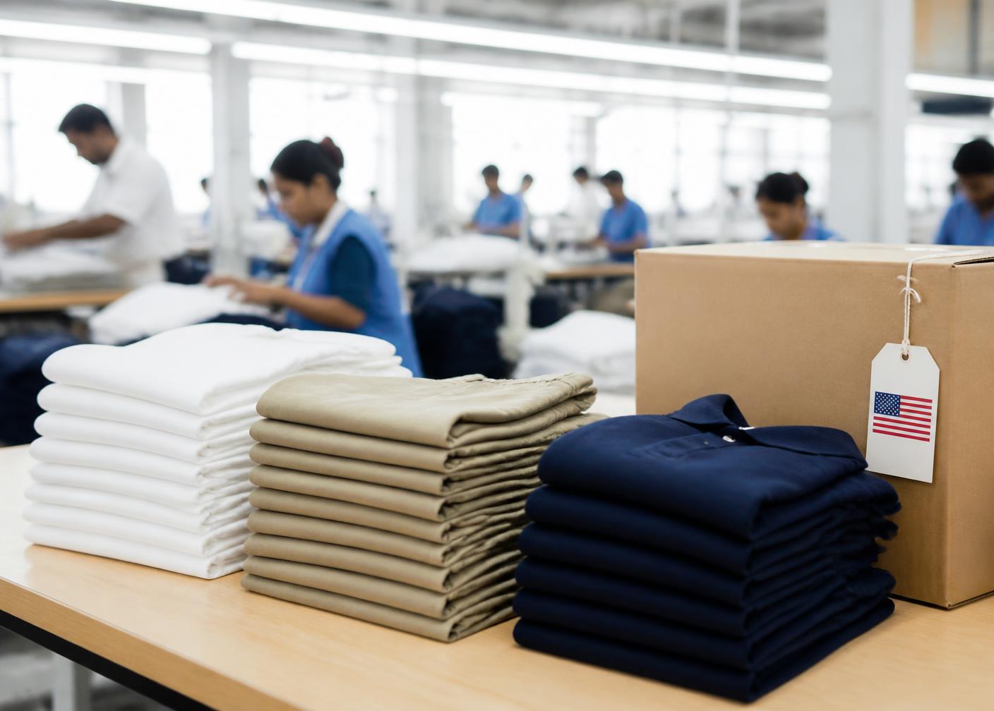 Neatly folded t-shirts, pants and apparel prepared for export from Bangladesh to the USA