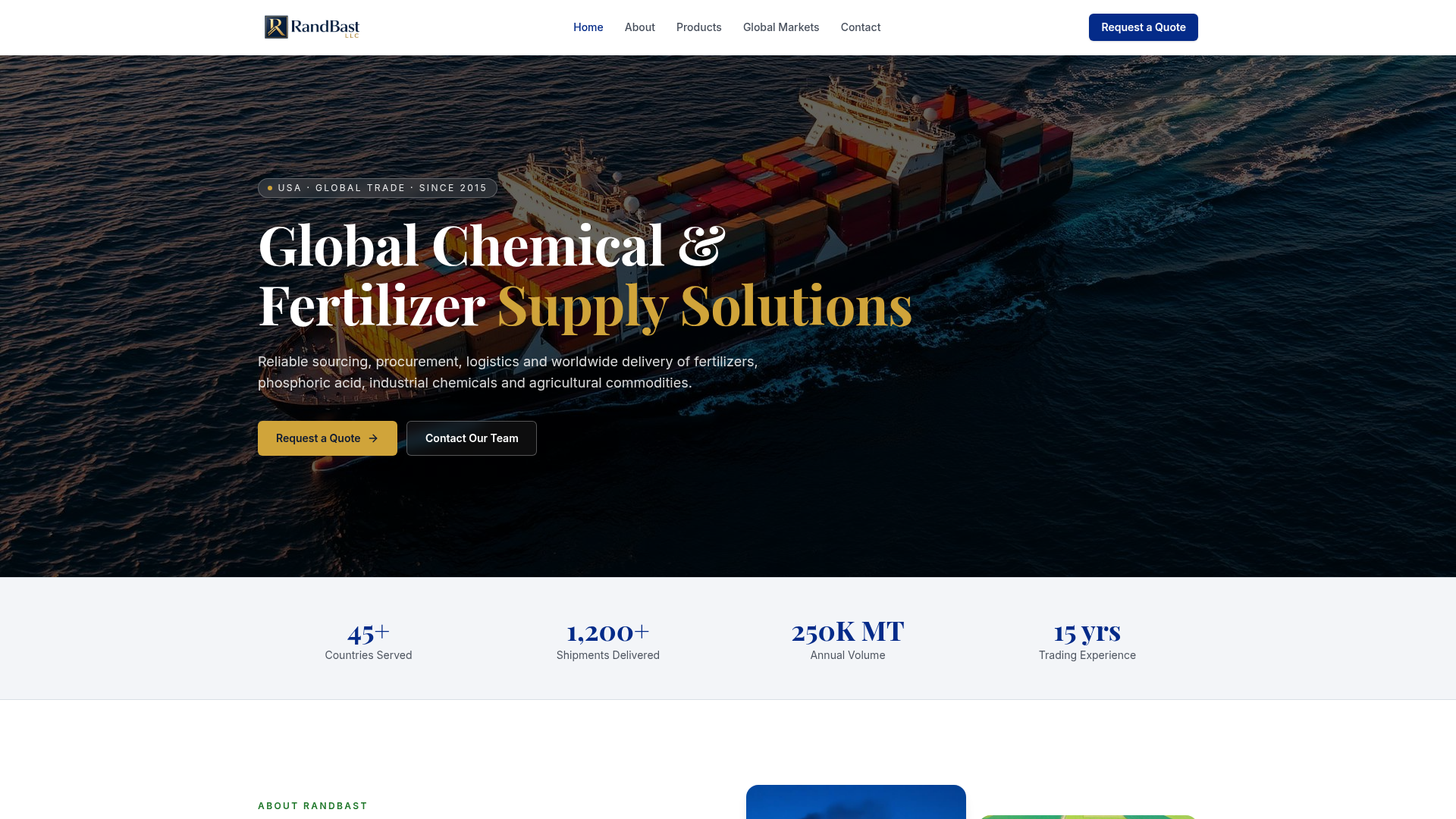 RandBast LLC website preview showing a cargo ship and global commodity supply solutions
